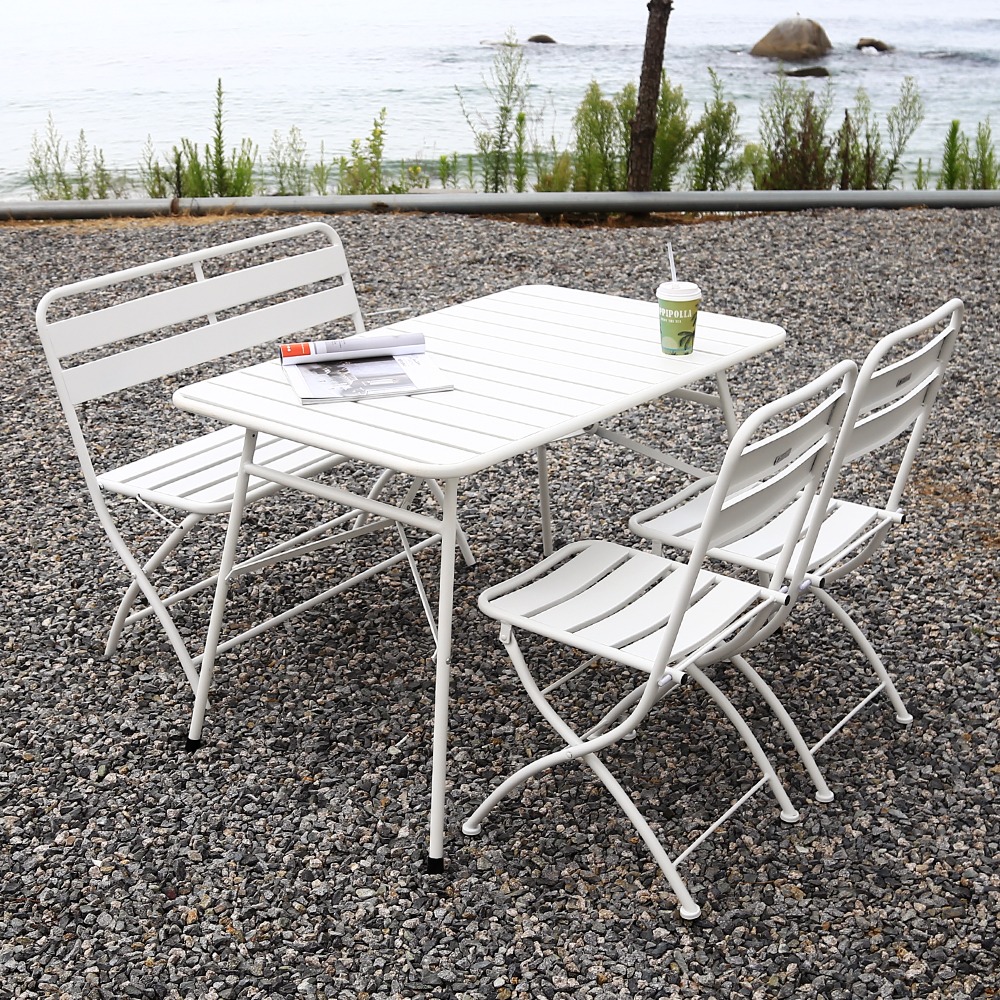 영가구바젤 화이트 야외 카페 테라스 4인용 철제 접이식 테이블 벤치 의자 세트