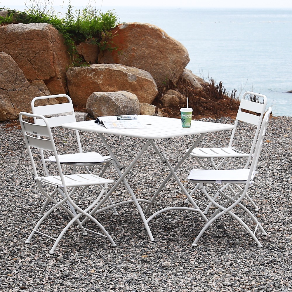 영가구바젤 화이트 야외 카페 테라스 4인용 철제 접이식 정사각 테이블 의자 세트